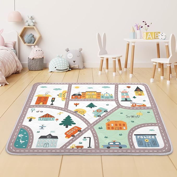 Baby Play Mat for Floor,Soft 50x50 Playpen Mat,Thick Foam Playmat for Tummy Time,Safe Non-Slip Backing for Kids,City Road