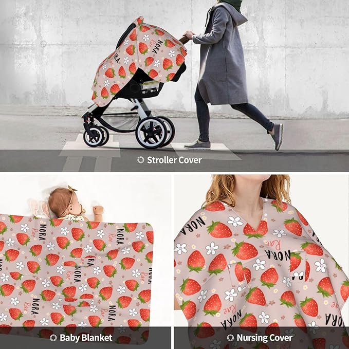 Personalized Baby Car Seat Canopy with Name – Custom Strawberry Minky Nursing Cover for Boys & Girls, Soft Stroller Cover for Infants & Newborns, Carseat Canopy for Breastfeeding