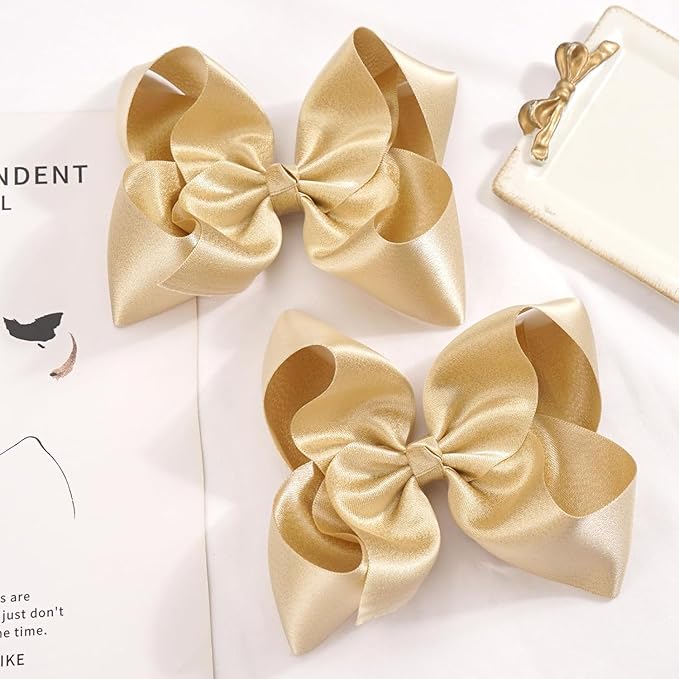 5.5 Inch 2pcs Yellow Gold Hair Bows for Girls Grosgrain Ribbon Toddler Hair Accessories with Alligator Clips for Toddlers Baby Girls Kids Teens