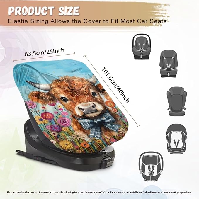 XYZCANDO Highland Cow Toddler Car Seat Cover Fashion Car Seat Sun Protection Easy to Install Car Seat Covers for Babies Girl Dustproof Baby Car Seat Shade Cover Car Decor Gift for Wife