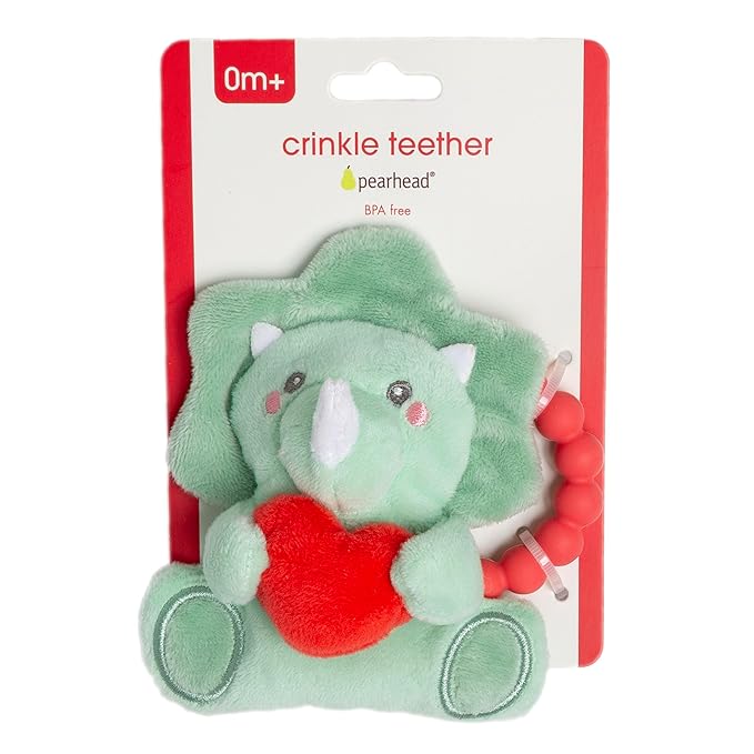 Pearhead Dinosaur Baby Teether – BPA-Free Silicone Teething Ring, Soft Crinkle Sensory Rattle, Dino Baby Gift for Boys and Girls, Infant Gum Soother for Newborns 0+ Months