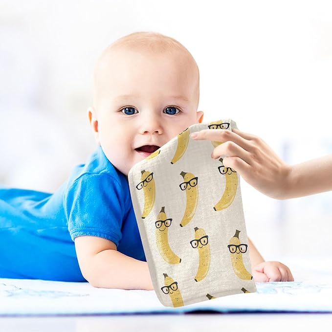 Banana Baby Washcloths Newborn Muslin Burp Cloths 3 Pack Soft Cotton Baby Face Bath Towel Drool Bibs for Infants, Girls and Boys 11.8 x 11.8 Inch