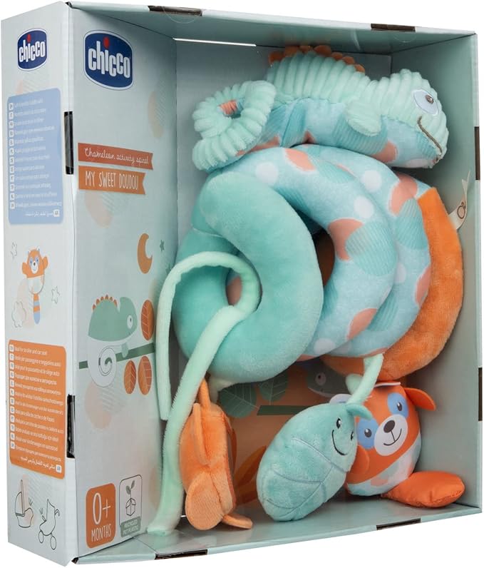 Chicco Chameleon Activity Spiral, Stroller Toy, From 0 Months, Leaf with Crinkle Effect, Flower Shaped Mirror, Recycled Plastic Packaging