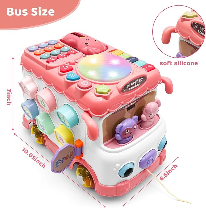 Baby Bus Toy for 1 Year Old Girl Gifts, Montessori Musical Bus Toy for Baby 12-18 Months, Baby Piano Drums for Toddlers 1-3, Shape Sort Toys 1st Birthday Gifts for Girls