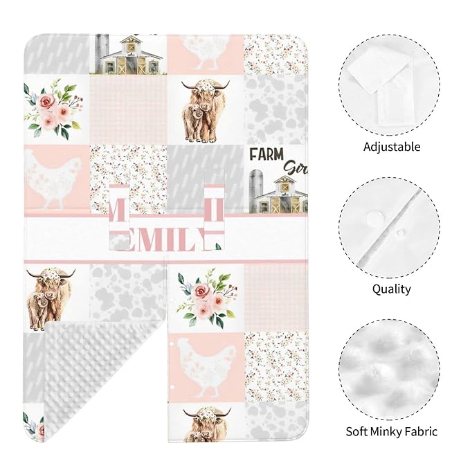 Personalized Minky Car Seat Canopy for Girl Boy, Custom Name Stroller Car Seat Covers Cover for Infant Newborn Shower Gift, Nursing Opening Carseat Cover for Breastfeeding, Farm Cow Pink