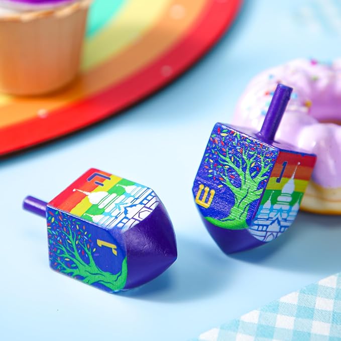 Wonderjune 2 Pcs Hanukkah Dreidels Extra Large Wooden Dreidel for Hanukkah Decoration with English Transliteration, Forever Spinning Tops Party Favors(Temples)