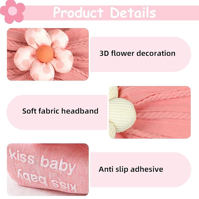 MIUXUESO Baby Girls Headbands and Socks Newborn Flower Hairbands Non-Slip Grips Socks Nylon Hair Accessories Infants and Toddlers (Pink, 6-12 Months)