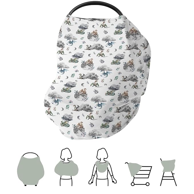 Watercolor Dragons Car Seat Covers for Babies Fairytale Dragon Wings Leaves Stretchy 5-in-1 Cover Adjustable Infant Carseat Cover Canopy Dragon Moon Clouds Breathable Nursing Cover-Up
