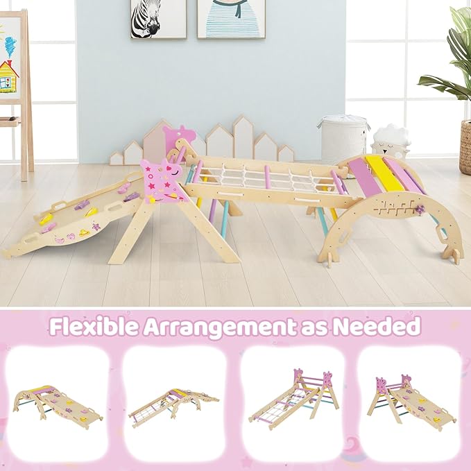 Costzon Pikler Triangle Set, 9-in-1 Foldable Baby Climbing Toys, Wood Montessori Climbing Set for Learning and Motor Skills, Indoor Playground Jungle Gym for Toddlers 3+ Climber Gifts (Pink)