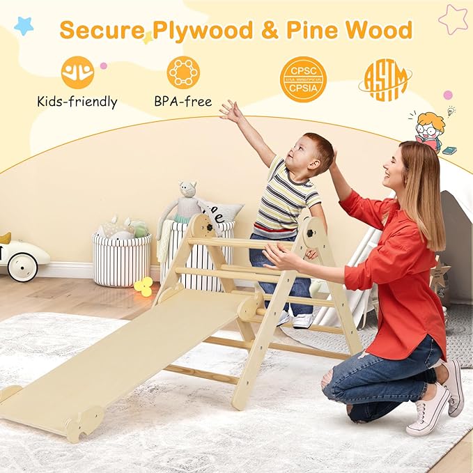 HONEY JOY Climbing Toys for Toddlers, 4 in 1 Foldable Wooden Montessori Kids Triangle Climber, Double Side Ramp & Climber, Baby Learning Indoor Climbing Ladder Gym for Boys Girls (Natural)