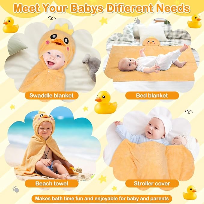 Flasoo 4 Pcs Toddler Bath Towel Set, 1 Pc Toddler Hooded Towel & 3 Pcs Baby Washcloths, Large 27.5"X55" Hooded Towels Kids, Absorbent Soft Thick Toddler Towels for Boy Girl 0-5 Year (Yellow Duck)