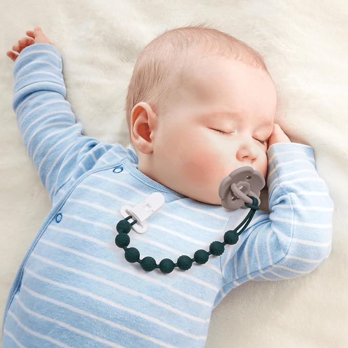 4 Pcs Green Baby Silicone Teething Pacifier Clip,One-piece Design,Round Shape,Textured Surface,BPA Free.