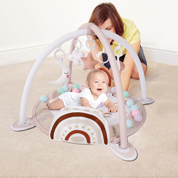 dearlomum 4-in-1 Baby Play Mat Baby Gym, Activity Play Mat for Floor Exercise Gym Ball Pit Including 30 Balls with 5 Infant Learning Sensory Baby Toys for Newborn Toddler Boy & Girl Gifts(Rainbow)