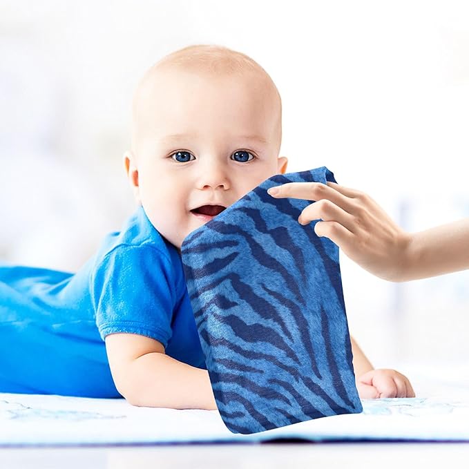 Blue Tiger Print Baby Washcloths Newborn Muslin Burp Cloths 3 Pack Soft Cotton Baby Face Bath Towel Drool Bibs for Infants, Girls and Boys 11.8 x 11.8 Inch