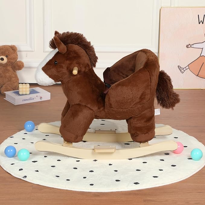 Pony Baby Rocking Horse for Toddlers 1 Years to 3 Years, Stuffed Plush Ride-on Rocking Animal with Realistic Sound and Music, Wooden Rocking Toy with Seat, Brown Horse, CPC Certified
