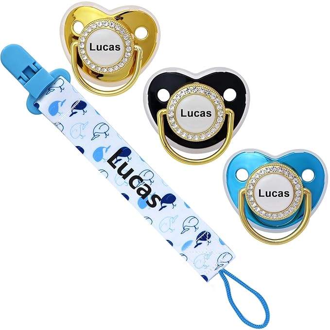 4Pcs, Personalized Pacifier with Name, Custom Pacifier Clip, Baby Gift for Newborn Boys and Girls, Accessory Baby Stuff with Name (0-6 Months) (Whale)