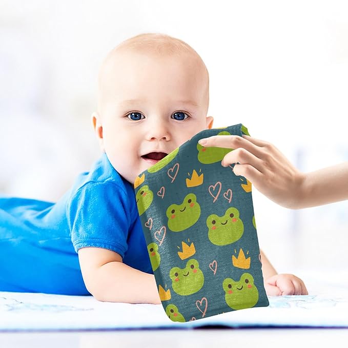 Newborn Face Towel Cute Frog Soft Cotton Baby Washcloths 11.8 x 11.8 Inch Infants Girls Boys Muslin Burp Cloths 5 Pack