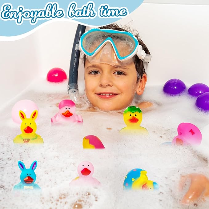 18 Pcs Prefilled Easter Eggs with Bunny Duckies,Bright Colorful Easter Eggs Filled with Rubber Duck,Squeeze Duckies Bunny Bathtub Toys for Easter Basket Stuffers,Bath Toys,Party Favors
