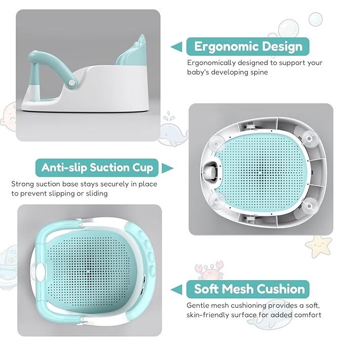 Baby Bath Seat for Babies 6 Months & Up Sitting Up | 360° Stable Toddler Bath Chair with One-Touch Button | Baby Bath Tub Seat with Suction Cups | Open Design, Compact, Detachable, Non-Slip(Green)