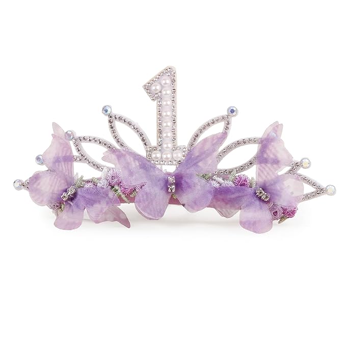 cherrboll Baby Girl Birthday Crown Floral Headband, Soft Flower Head Wrap Tiara Hairband for 1-3 Years Old Toddlers Kids First 1st Birthday Party Dress Photo Decoration