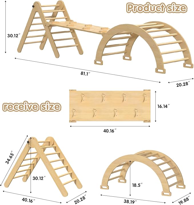 5 in 1 Montessori Pikler Triangle Climbing Set, Large Indoor Foldable Wooden Baby Climbing Gym Climber with Arch Slide for Toddler 1-3
