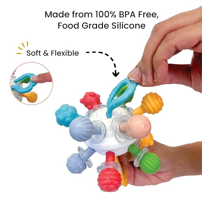 Lulyboo Baby Toy Ball Teether - Soft, BPA-Free, Textured, Colorful, Lightweight, Portable Baby teether for Soothing Sore Gums, Promoting Motor Skills & Sensory Play, Safe for on-the-go use