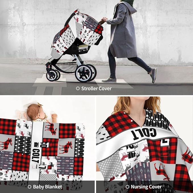 Personalized Baby Car Seat Canopy for Babies, Custom Name Car Seat Covers for Boys and Girls, Opening Minky Nursing Breastfeeding Cover for Infant, Carseat Canopies for Newborn (Deer Red Plaid)