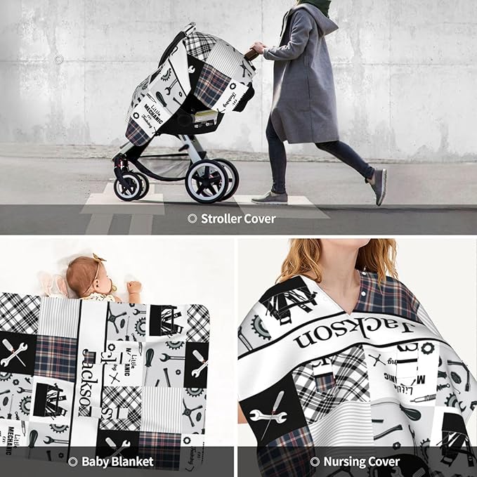 Personalized Baby Car Seat Canopy for Babies, Custom Name Car Seat Covers for Baby Boy, Opening Minky Nursing Breastfeeding Cover for Infant, Carseat Canopies for Newborn (Mechanic)