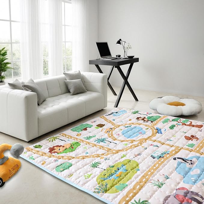 Baby Mat Non-Slip 50x50 for Floor, GFU Thick One-Piece Crawling Mat, Foldable and Machine Washable for Boys (Animals)