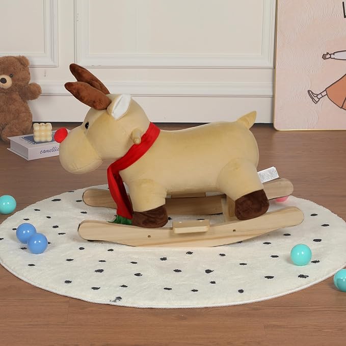 Reindeer Baby Rocking Horse for Toddlers 1 Years to 3 Years, Stuffed Plush Ride-on Rocking Animal with Realistic Sound and Music, Wooden Rocking Horse with Seat, Apricot Reindeer, CPC Certified