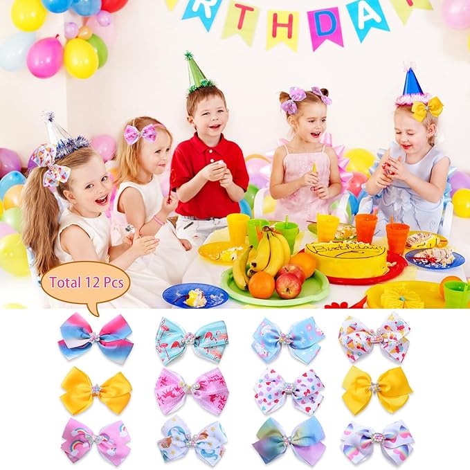 12 Pcs 5 Inch Hair Bows for Girls,Colorful Rainbow Heart Girls Hair Bows Grosgrain Ribbon Hair Bow With Alligator Clips for Toddlers Little Children Kids Teens