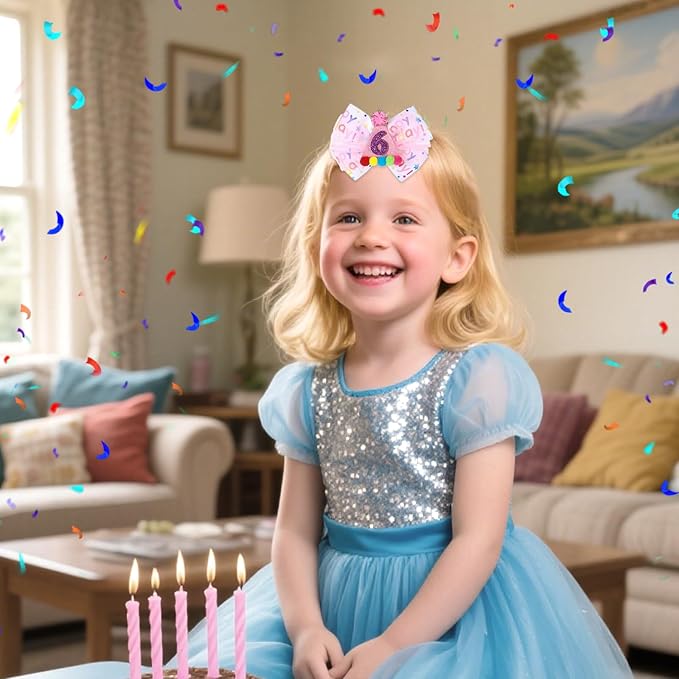 2Pcs Birthday Hair Bow for Baby Girls 1 2 3 4 5 6 Years, Pink Confetti Ice Cream Party Decorations, Sparkling Bows Hair Accessories for 6th Birthday