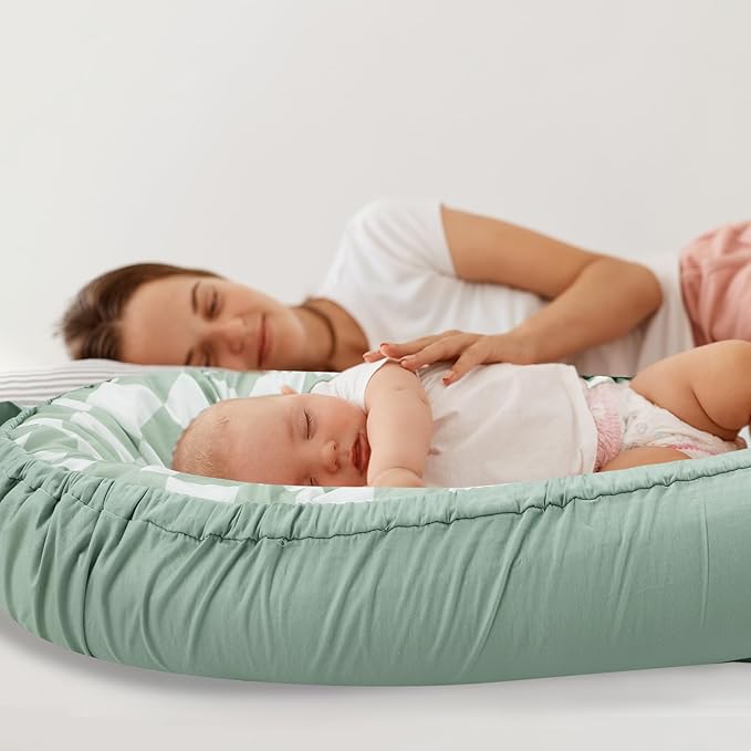 DILIMI Baby Lounger Cover, Cotton Baby Nest Replacement Cover for Girls Boys, Soft Breathable Reversible Newborn Lounger Cover, Green Checkered (Only Cover)