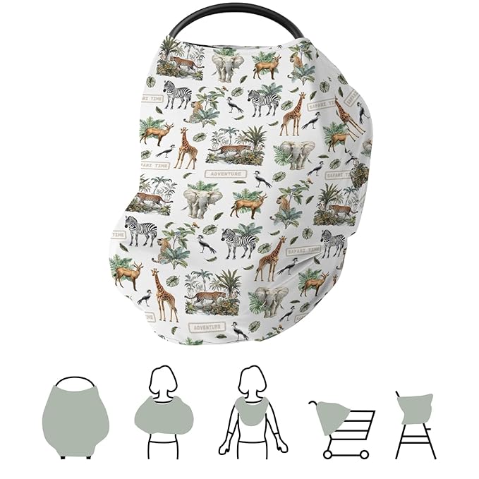 Safari Animals Adventure Car Seat Cover for Baby Elephant Leopard Giraffe Zebra Tropical Leaves Stretchy 5-in-1 Cover Adjustable Infant Carseat Cover Canopy African Animal Breathable Nursing Cover-Up