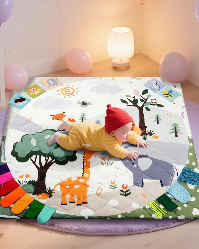 TINYHARBO Premium Foam Baby Play Mat 50x50, 4 Developmental Zones Play Mat with Removable & Machine Washable Cover, Extra Thick Padding Playpen Mat, Easy to Clean for Infants, Toddlers & Babies