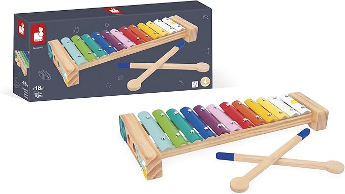 Janod - Wooden and Metal Xylophone - Children's Musical Instrument - 12 Keys and 2 Drumsticks Included - Imitation Toy and Musical Awakening - Water Painting - Suitable for Ages 18 Months Onwards