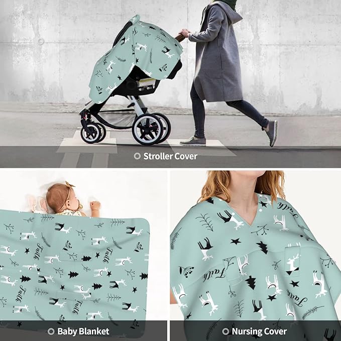 Personalized Woodland Deer Baby Infant Car Seats Canopy for Babies with Name, Custom Lightweight Covers for Baby Boys Girls, Minky Nursing Breastfeeding Stroller Cover Canopies for Newborn
