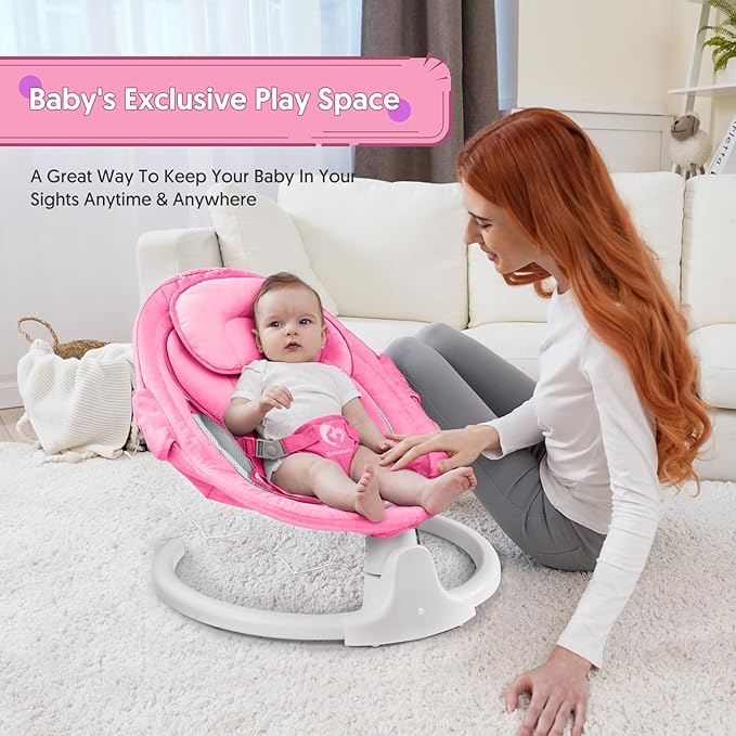 Bluetooth Baby Swing for Infants, Compact & Portable Baby Swing for Girl, 3 Seat Positions, 5 Swing Speed, 10 Music, Remote Control, USB Plug-in Power, Reversible Cushion for All Seasons