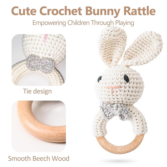 Wooden Baby Rattle, Handcrafted Crochet Bunny Rattles with Wooden Teething Ring, Beige Rabbit Newborn Toy Stuffed Animal Organic Rattle Baby Announcement Ideas Props