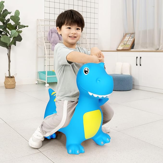INPANY Bouncy Horse, Dinosaur Hopper Toys, Toddler Bouncing Animal, Dinosaur Party Decorations, Kids Inflatable Ride on Rubber Bouncer, Outdoor Cool Birthday Gift for 2 3 4 Yr Boy Girl Blue