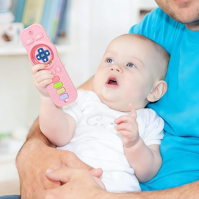 MISSLILI Teething Toy for Babies 3-6-12 Months, Silicone Baby Rattles Teether, Teething Relief Infant Toddles TV Remote Control Teether for 0-24 Months, Pink