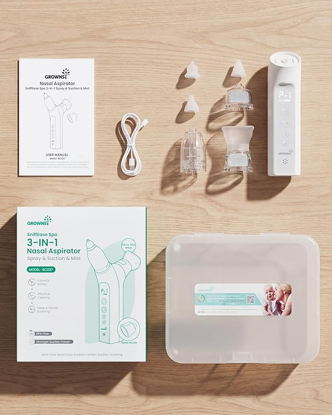 GROWNSY SniffEase Spa 3-in-1 Nasal Aspirator for Baby – Spray, Suction & Mist, Hospital-Grade Powerful Electric Nose Suction with Soothing Light & Music, Larger Chamber (Grey)