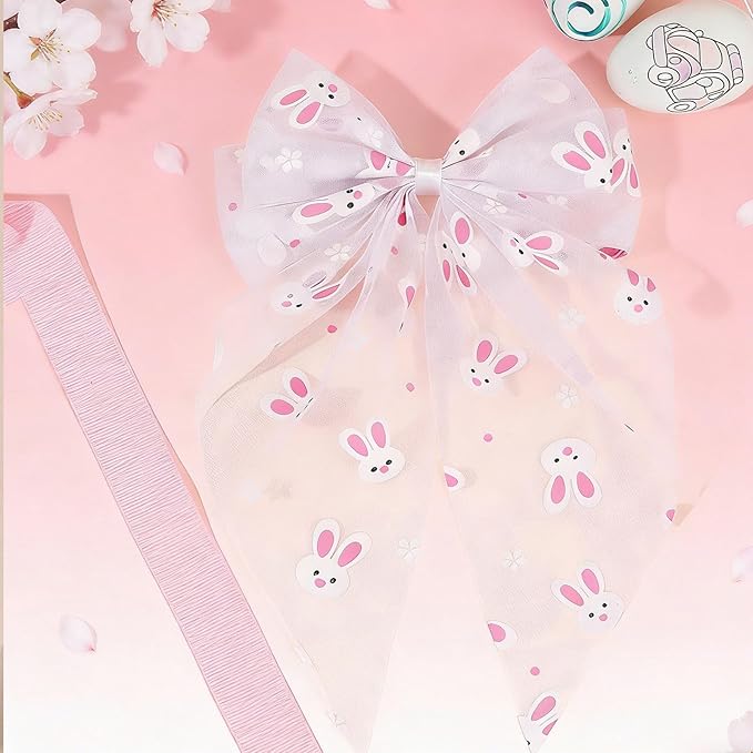 Easter Bunny Hair Bow for Women Girls Toddlers - 13 Inch Large White Tulle Bow Hair Clip with Cute Bunny Pattern, Spring Easter Hair Accessories Rabbit Hairpins for Easter Outfits, Birthday Gifts