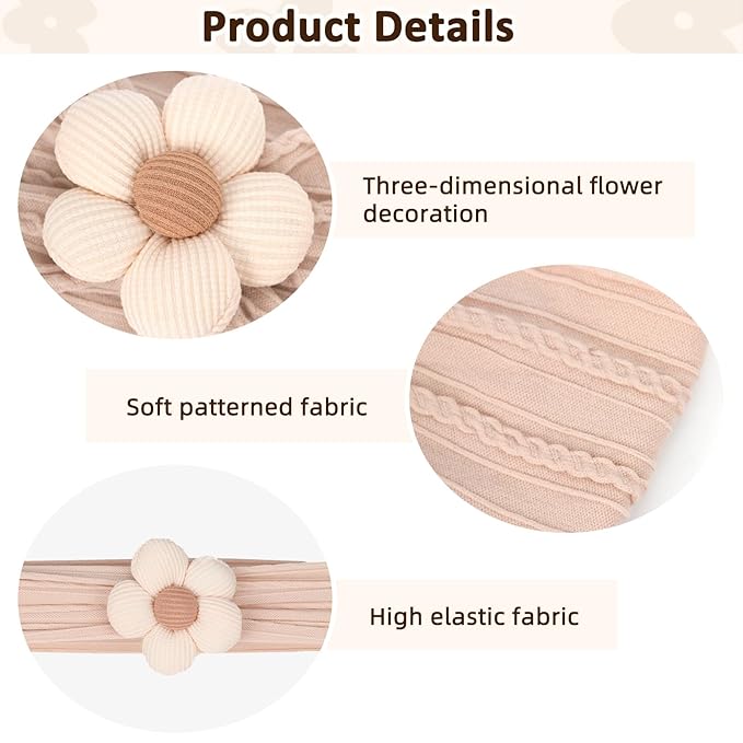 MIUXUESO 3 Pcs Baby Flower Headbands Baby Girls Nylon Headband Soft Hairbands Hair Accessories for Newborn Infant Toddler Kids (White Black Pink)