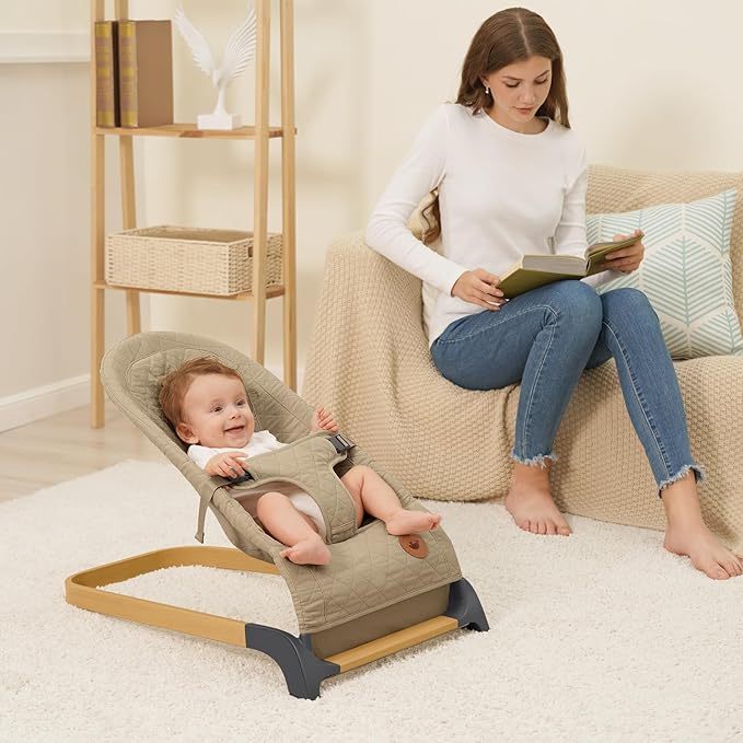 ANGELBLISS Baby Bouncer, Portable Bouncer Seat for Babies, Infants Bouncy Seat with Cotton Fabric, Natural Vibrations (Brown)