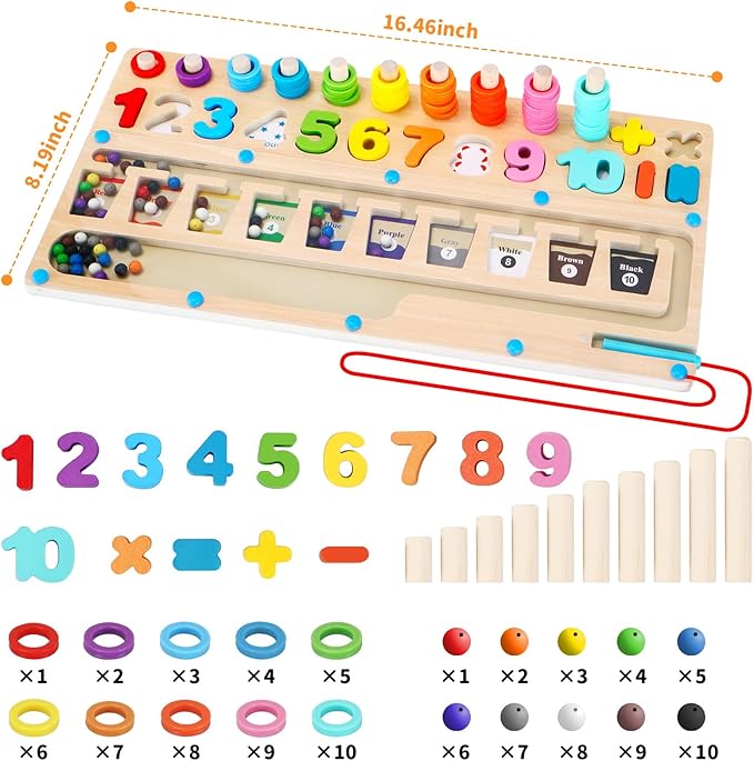 3 in 1 Montessori Toys for 3+ Year Old, Education Toys for Preschool Learning Activities, Wooden Magnetic Color and Number Maze, Sorting Counting Color Matching Toddler Puzzle