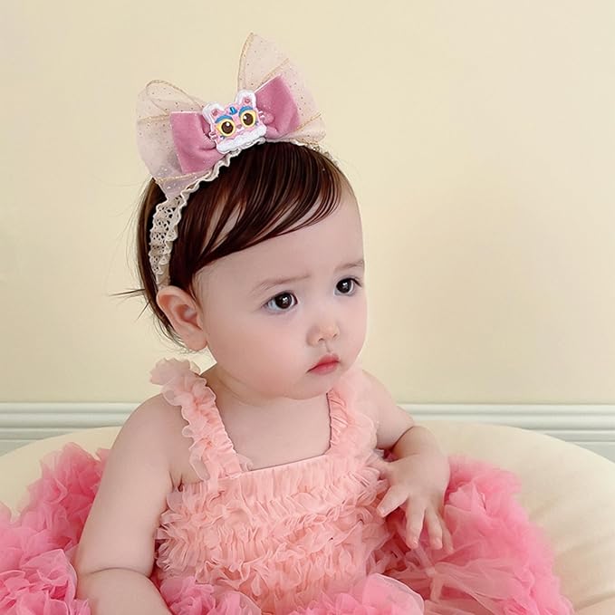 Cute Lace Bow Baby Girls Headbands Large Knot Hair Band Soft Chiffon Hairband Elastic Shower Hair Accessories for Newborn Infant Toddler Kids (Lion, Elastic)