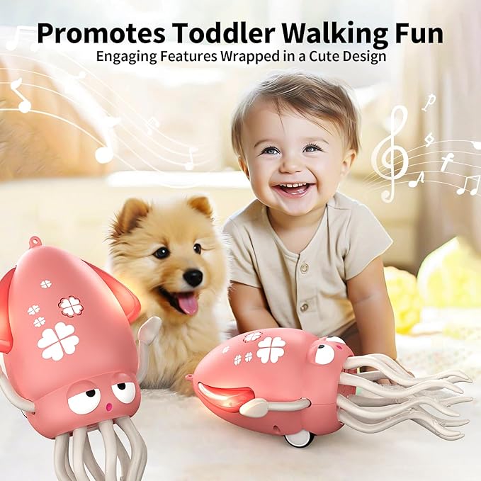 Electric Dancing Octopus Toy with Led Light and Music, Kids Electric Crawling Octopus Tummy Time Toys, Rechargeable Interactive Sensory Toys for Christmas Birthday Gift (Pink)