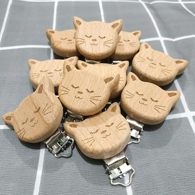 10pcs Natural Wood Suspender Pacifier Clips Cute Beech Wooden Animal Cat Shape Clips DIY Beading Pacifier Chain Accessory