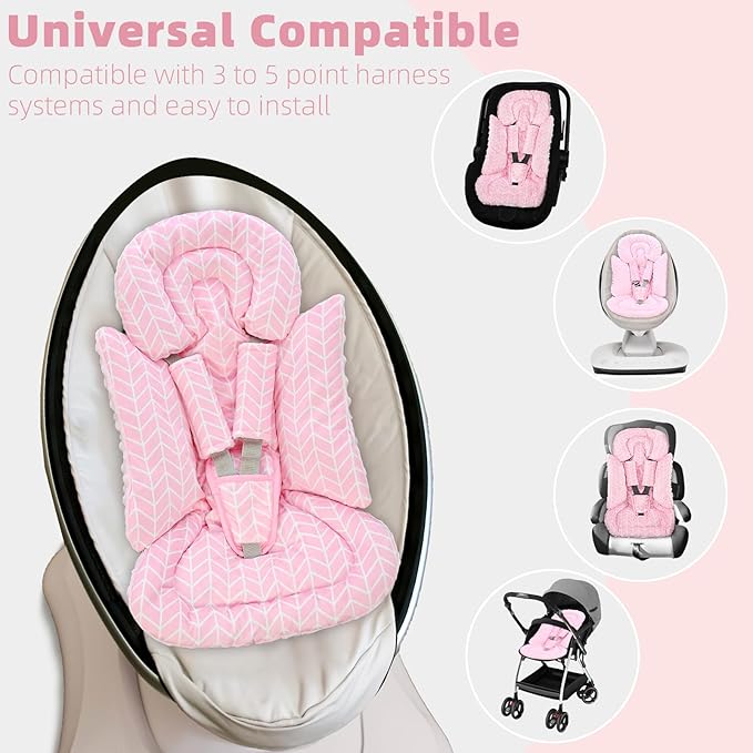 4 in 1 Infant Car Seat Insert, Baby Car Seat Head Body Support for Girls & Boys, Reversible Newborn Car Seat Insert with 3 Extra Strap Paddings, Premature Car Seat Cushion (Stripes Pink)